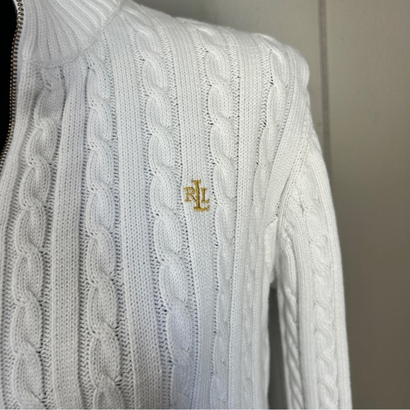 Lauren Ralph Lauren White and Gold Zipper Cable Knit Cardigan - Picture 2 of 12